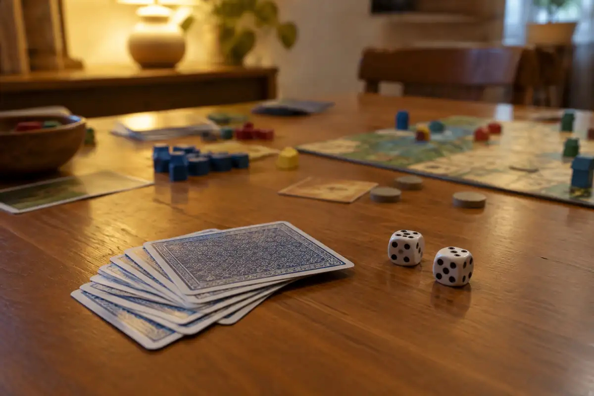 Éventail de cartes face cachée près de deux dés sur une table en bois