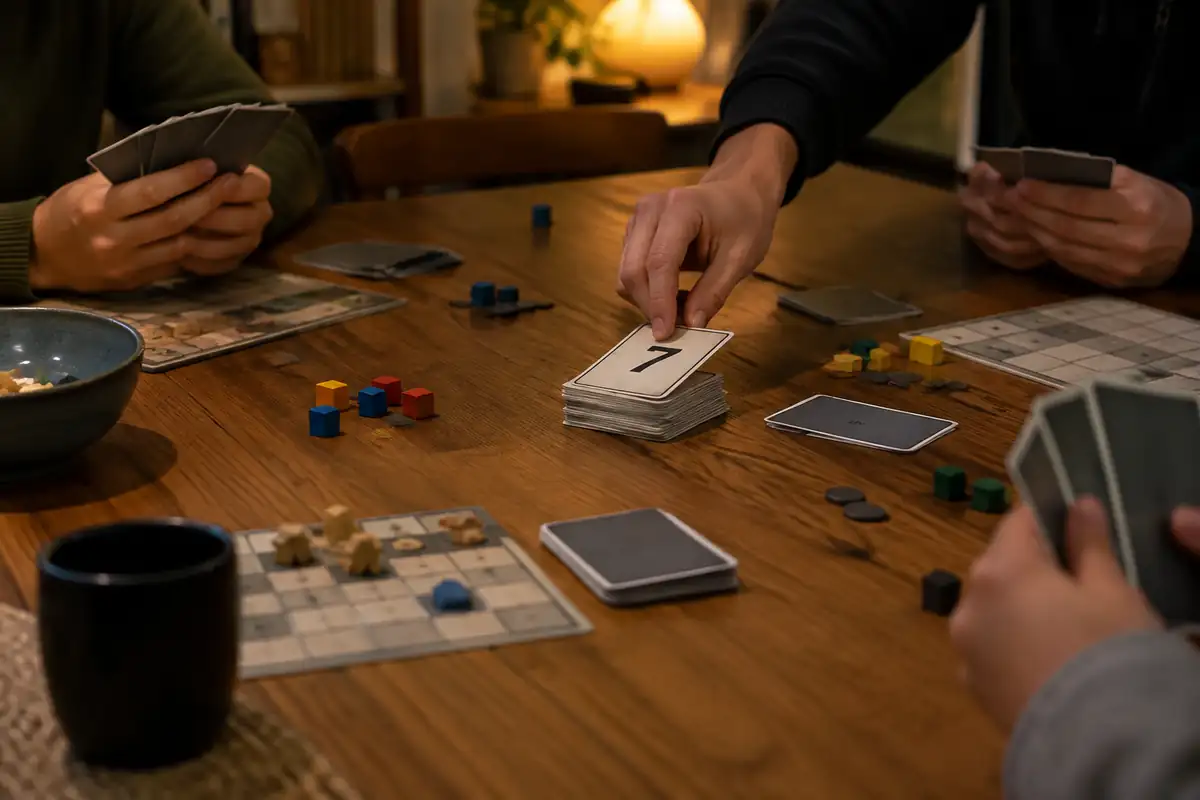 Mains d'adolescents posant des cartes numérotées en silence sur une pile au centre de la table
