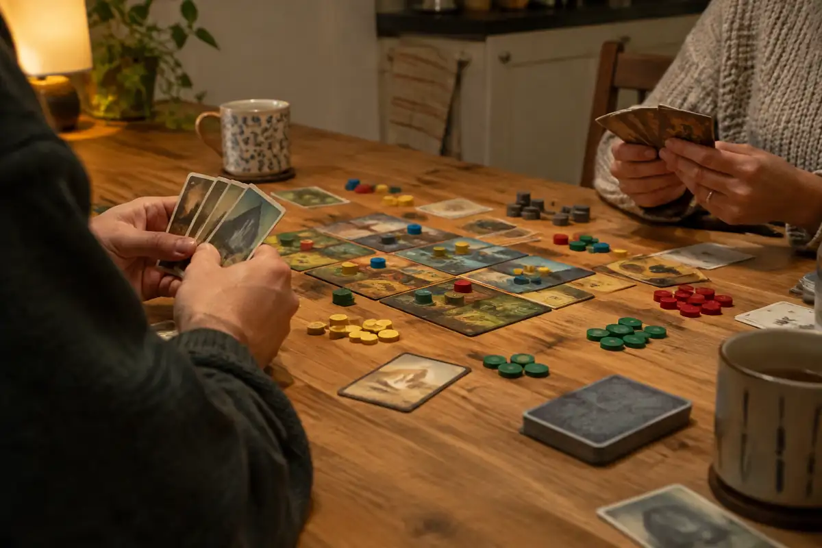 Deux joueurs face à face autour d'un jeu de cartes et de jetons sur une table de cuisine