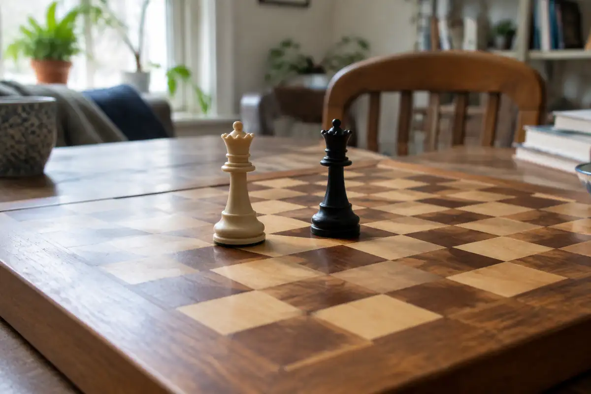 Dame blanche et dame noire sur un échiquier en bois