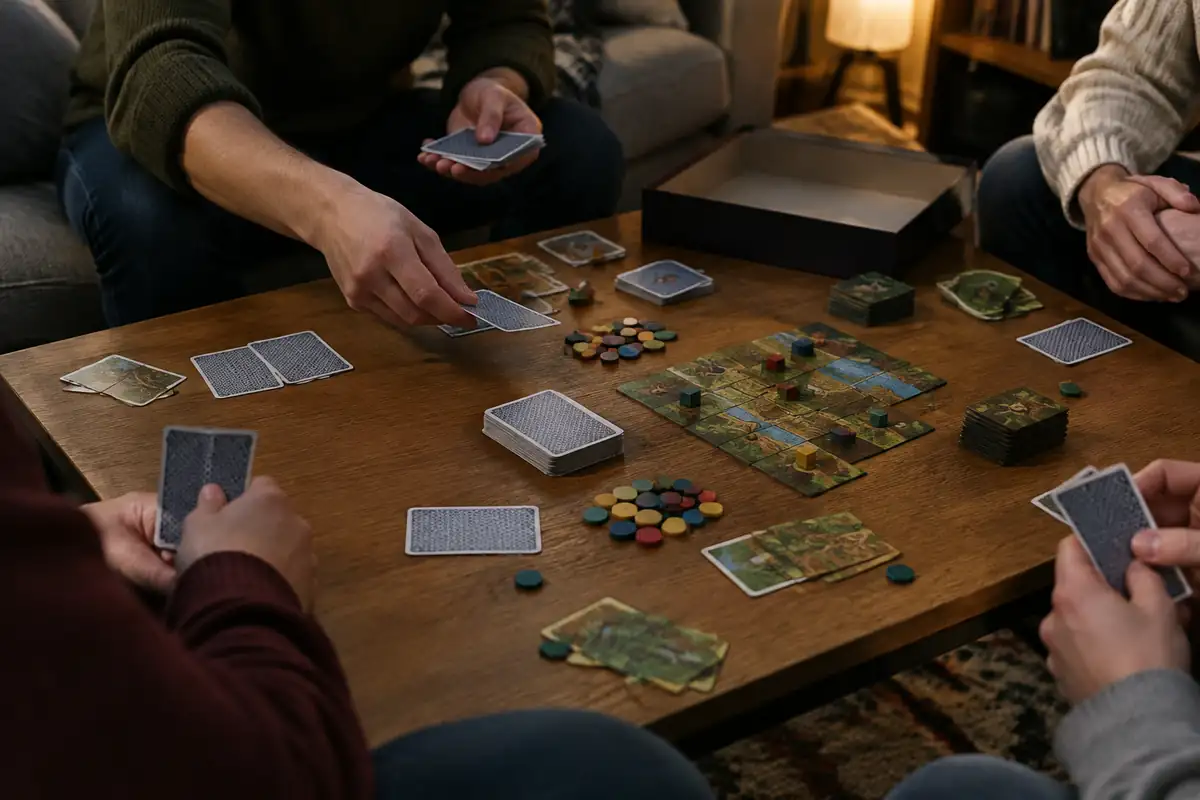 Mains qui distribuent des cartes face cachée autour d'une table basse, boîte ouverte posée sur le côté