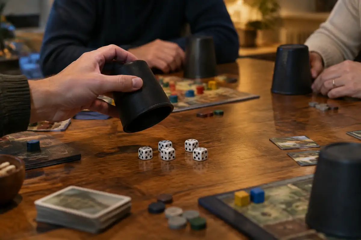 Gobelets retournés et dés sur une table de jeu