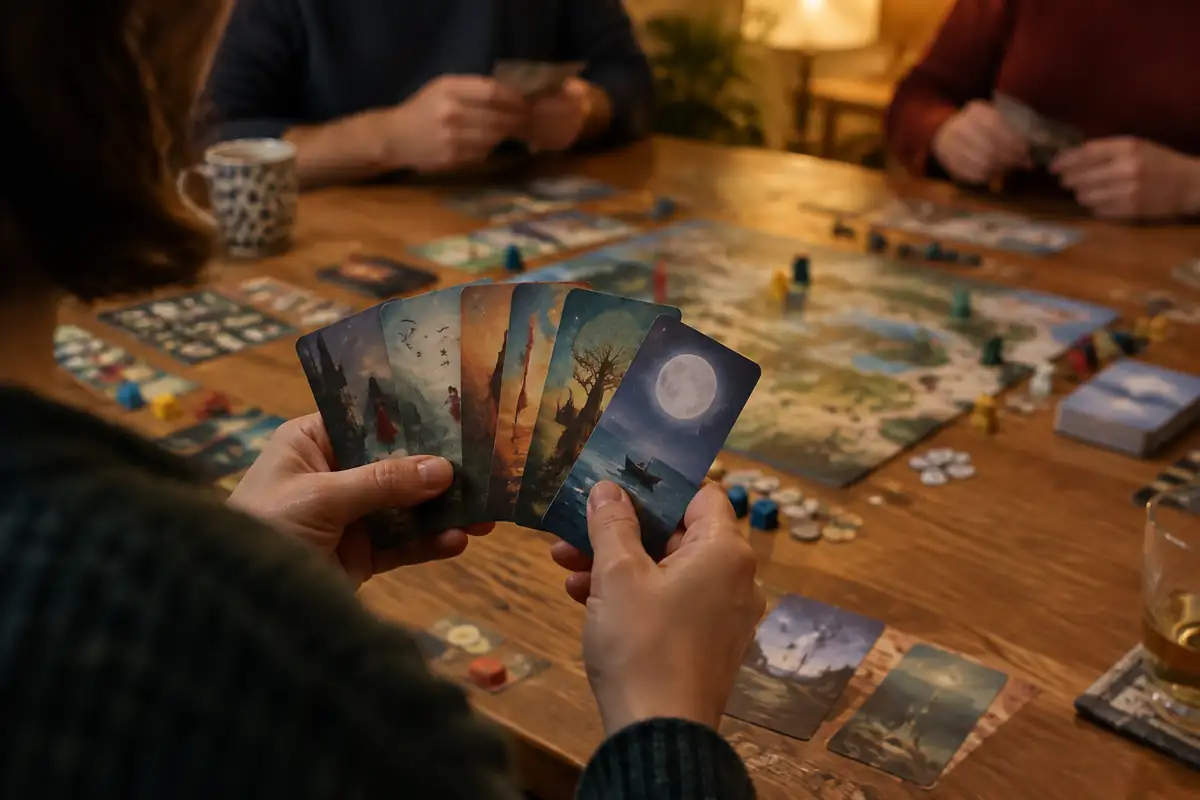 Joueur tenant en main six cartes illustrées, cherchant laquelle poser