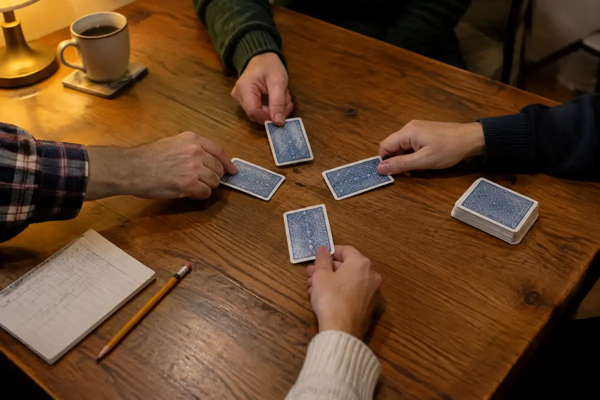 Quatre mains posent chacune une carte face cachée au centre d'une table en bois, un pli en cours, avec un bloc de score et un crayon