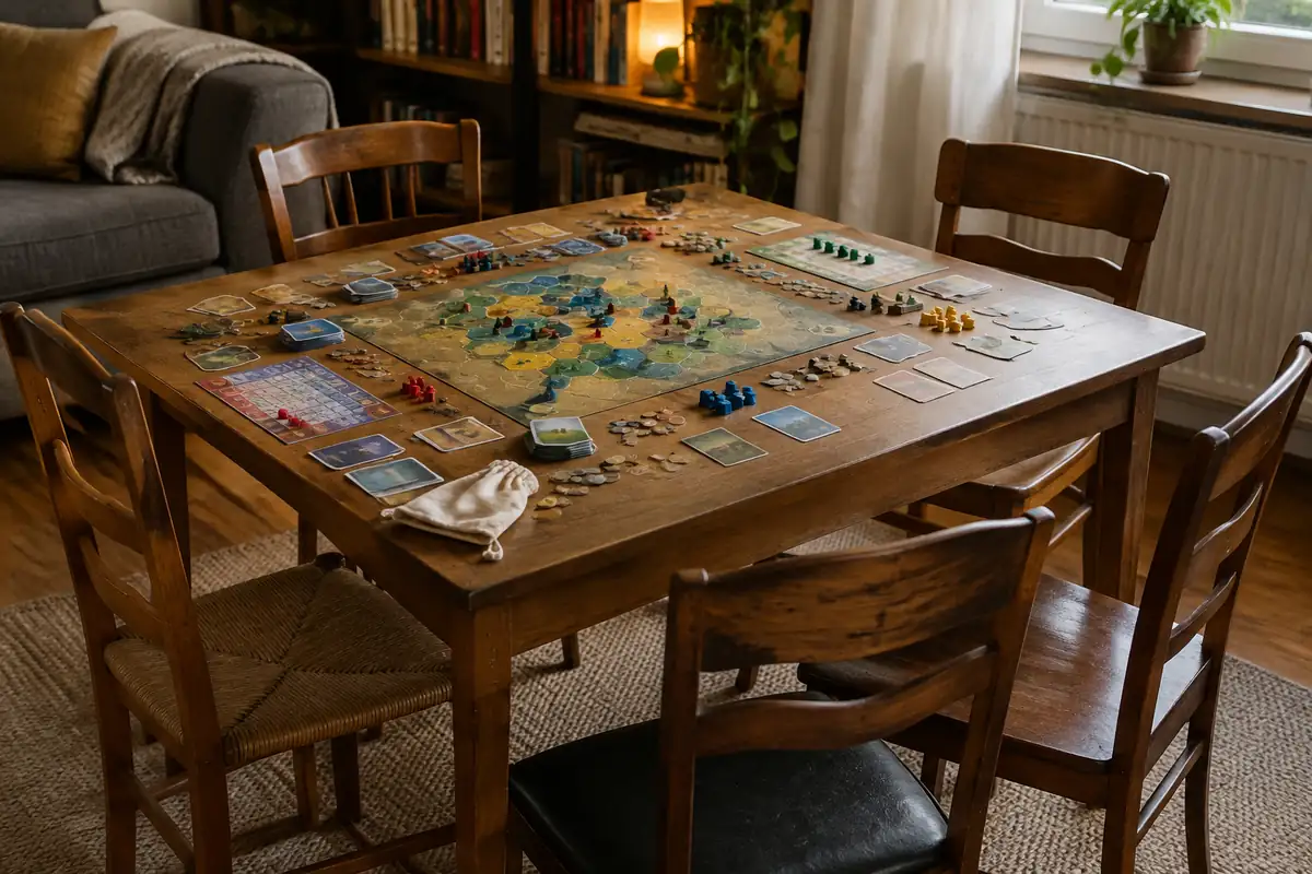 Table de salon avec cinq chaises vides autour d'un plateau de jeu