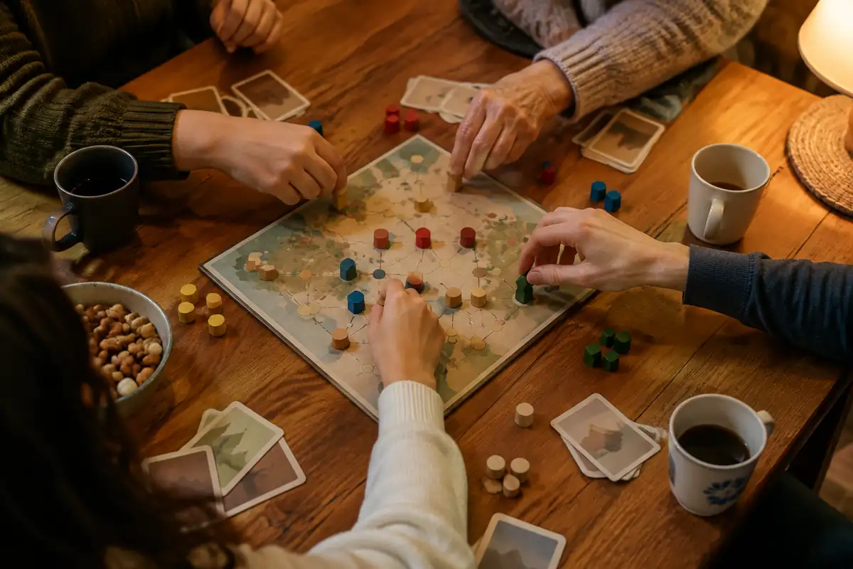 Mains d'enfants et d'adultes autour d'un plateau de jeu, tendues vers le centre de la table