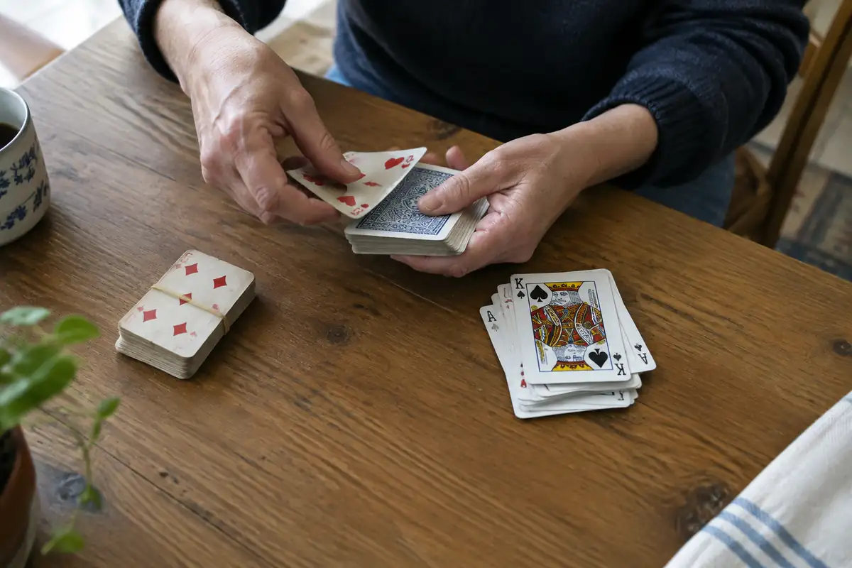 Mains qui trient un paquet de cartes en deux tas sur une table